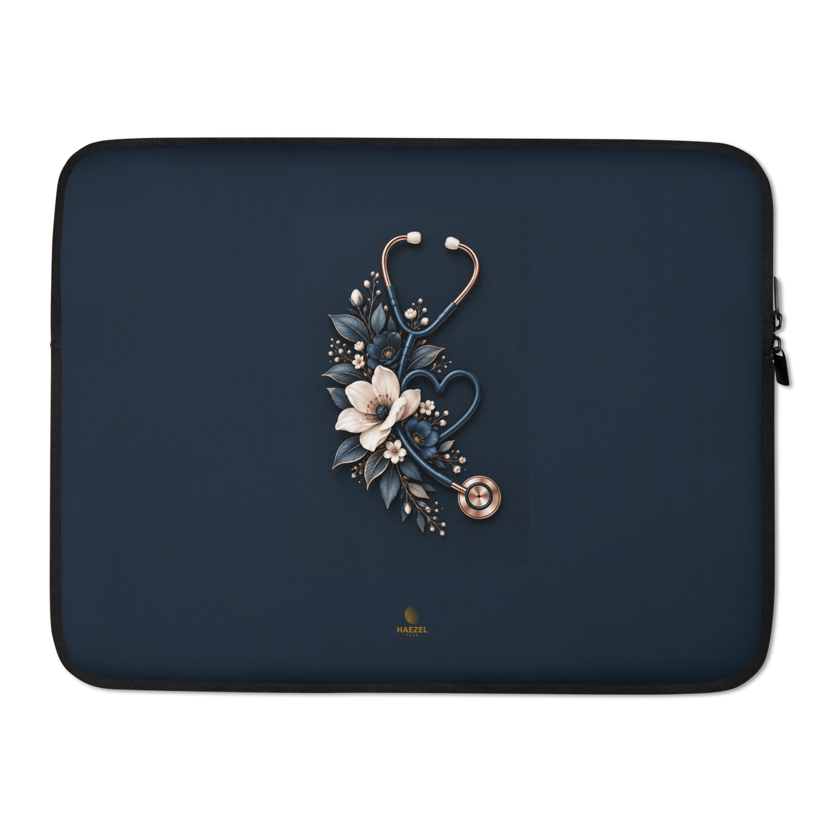 The Grace Laptop Sleeve by Haezel Tech, white anemones and rose-gold stethoscope on navy. Healer Series, view 2