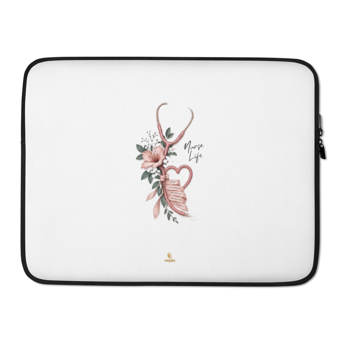 The Devotion Ivory Laptop Sleeve by Haezel Tech, rose stethoscope heart on ivory. Healer Series, view 2