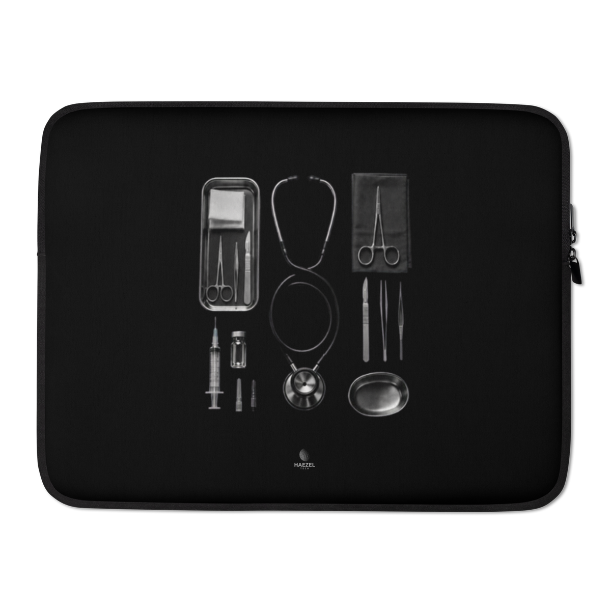 The Theatre Laptop Sleeve by Haezel Tech, surgical instrument tray on black. Healer Series, view 2