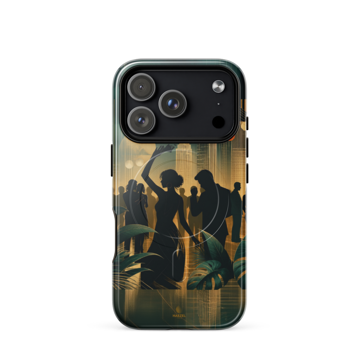 The Speakeasy iPhone Case, gold art deco dancers, city skyline and palm leaves. Haezel Tech Rhythm Series, view 17