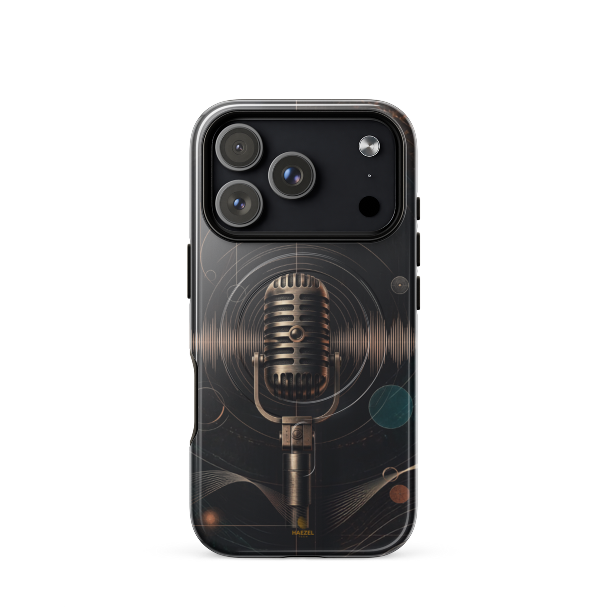 The Broadcast iPhone Case, bronze vintage microphone ringed by soundwaves. Haezel Tech Rhythm Series, view 17