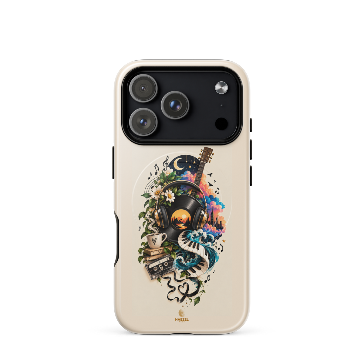 The Playlist iPhone Case, vinyl, headphones, guitar and cassette collage on ivory. Haezel Tech Rhythm Series, view 17