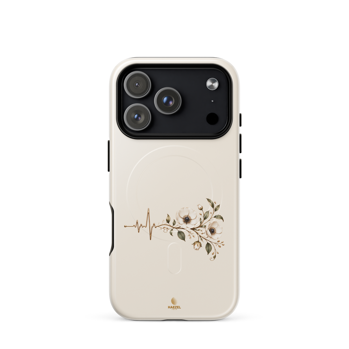 The Heartbeat iPhone Case, gold heartbeat line flowing into flowers on ivory. Haezel Tech Healer Series, view 17