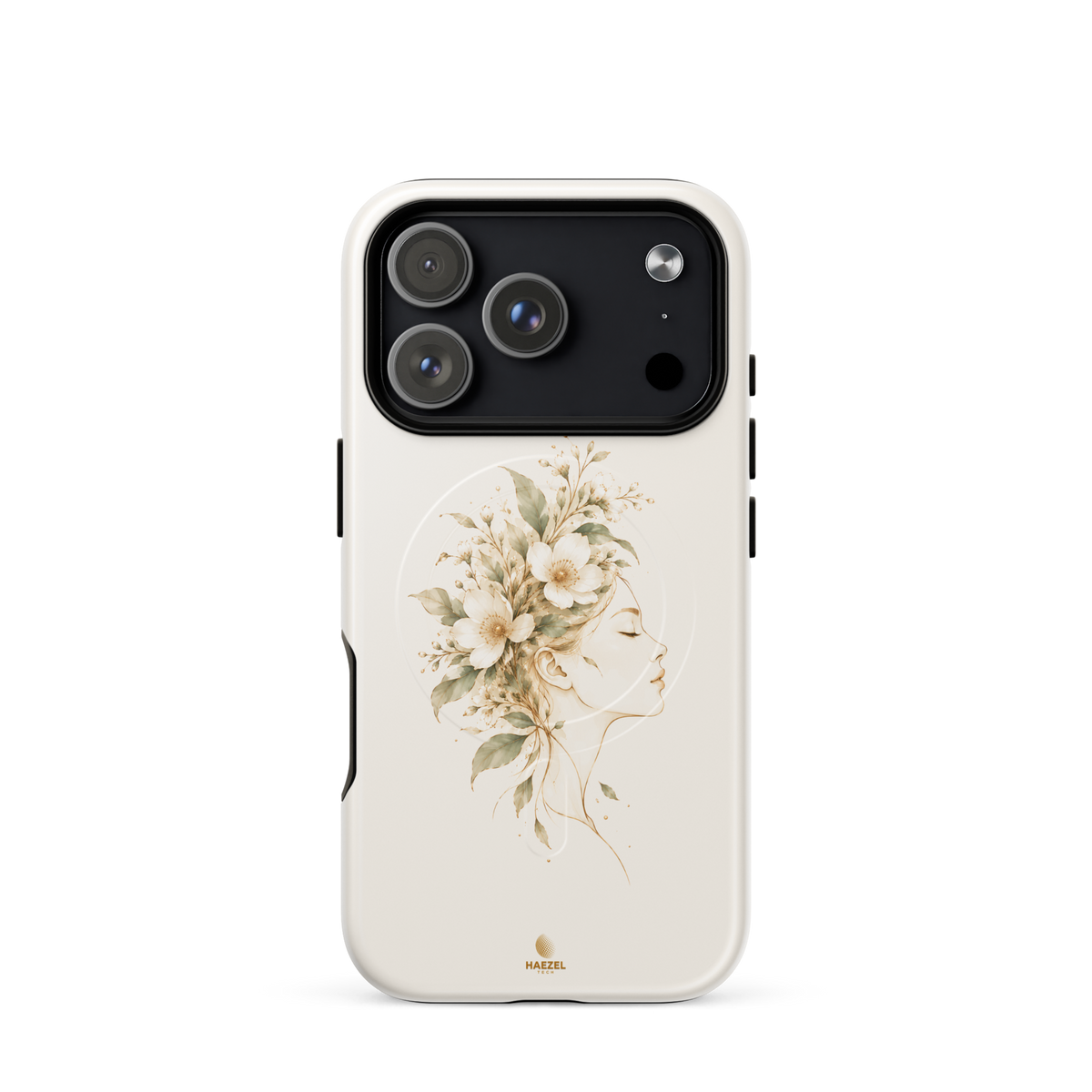 The Blooming Mind Ivory iPhone Case, woman's profile with flowers blooming from her mind on ivory. Haezel Tech Healer Series, view 17