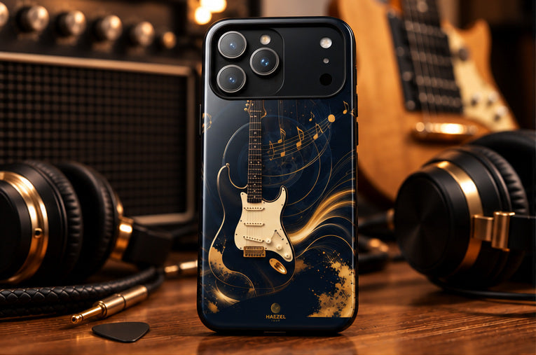The Headliner iPhone Case lifestyle image 1, navy and gold guitar design
