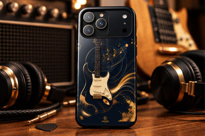 The Headliner iPhone Case lifestyle image 1, navy and gold guitar design