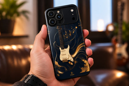 The Headliner iPhone Case lifestyle image 2, navy and gold guitar design