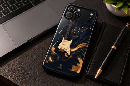 The Headliner iPhone Case lifestyle image 3, navy and gold guitar design