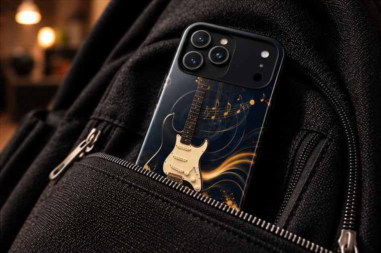The Headliner iPhone Case lifestyle image 4, navy and gold guitar design