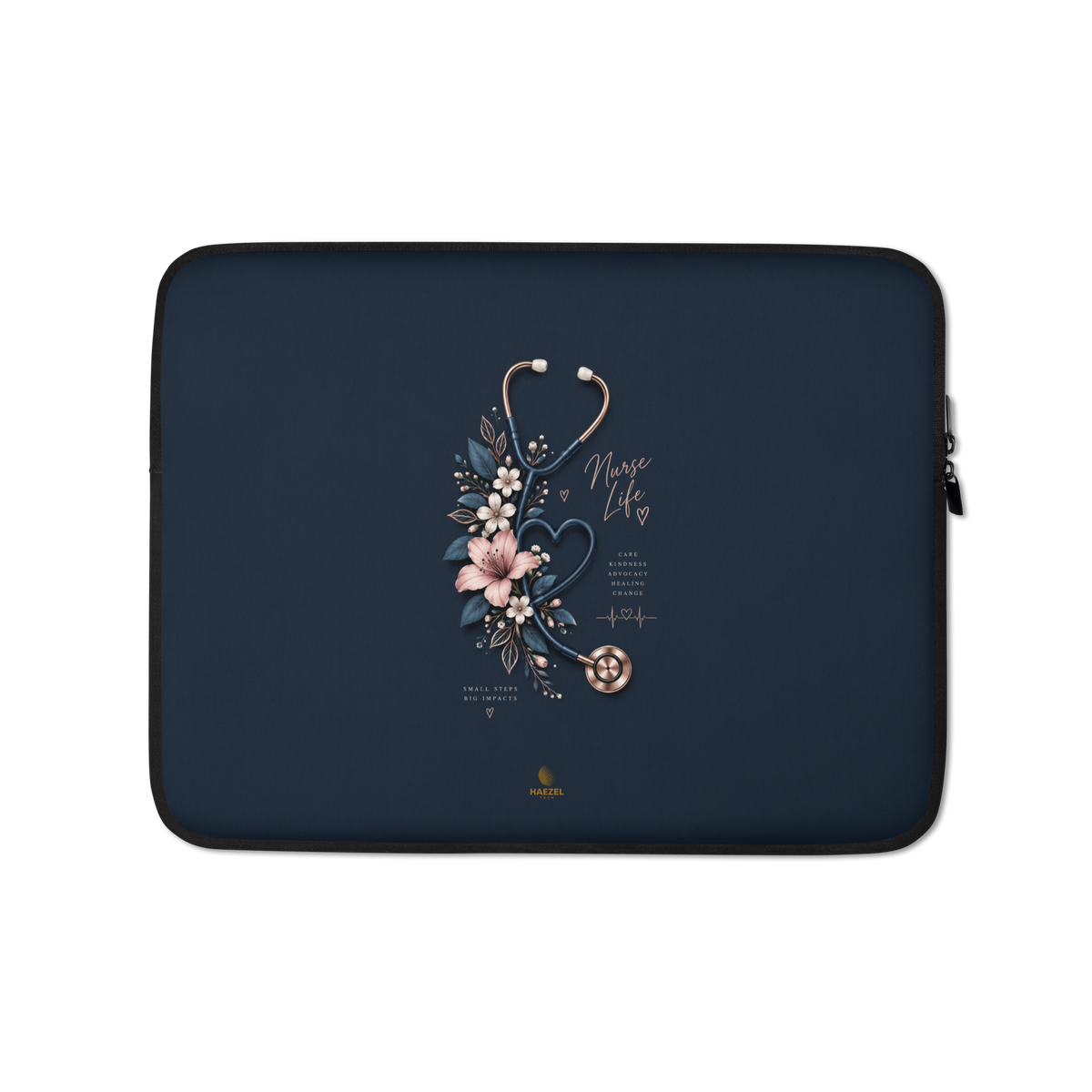 The Pledge Laptop Sleeve by Haezel Tech, rose-gold stethoscope and pink lilies on navy. Healer Series