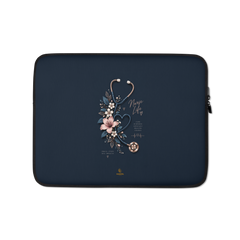 The Pledge Laptop Sleeve by Haezel Tech, rose-gold stethoscope and pink lilies on navy. Healer Series