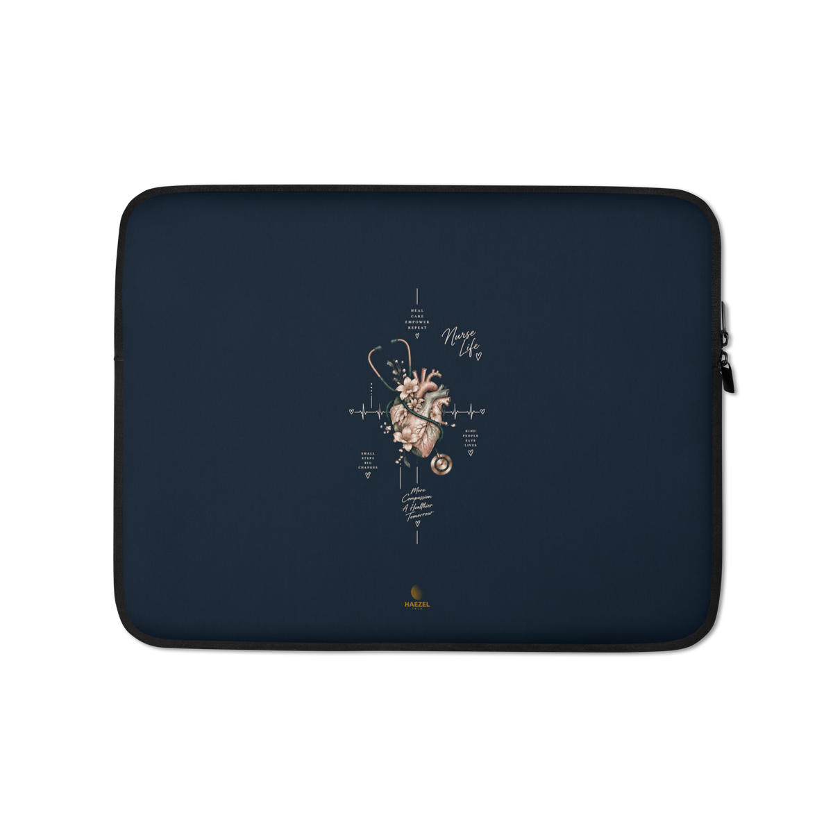 The Pulse Laptop Sleeve by Haezel Tech, floral anatomical heart with ECG line on navy. Healer Series