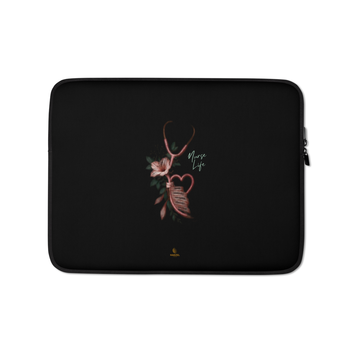 The Devotion Onyx Laptop Sleeve by Haezel Tech, rose stethoscope heart on black. Healer Series