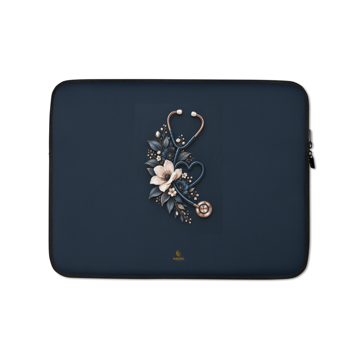 The Grace Laptop Sleeve by Haezel Tech, white anemones and rose-gold stethoscope on navy. Healer Series