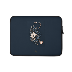 The Grace Laptop Sleeve by Haezel Tech, white anemones and rose-gold stethoscope on navy. Healer Series