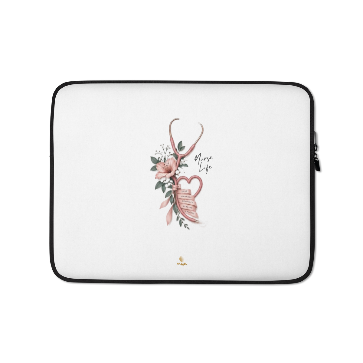 The Devotion Ivory Laptop Sleeve by Haezel Tech, rose stethoscope heart on ivory. Healer Series
