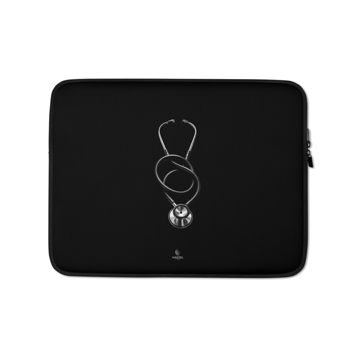 The Oath Laptop Sleeve by Haezel Tech, single silver stethoscope on black. Healer Series