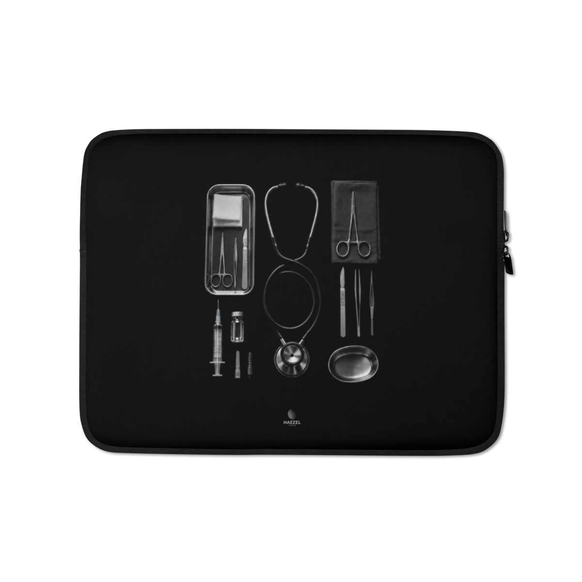 The Theatre Laptop Sleeve by Haezel Tech, surgical instrument tray on black. Healer Series