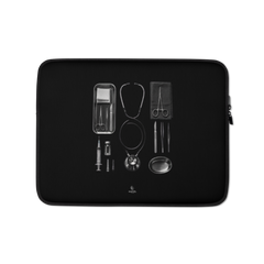 The Theatre Laptop Sleeve by Haezel Tech, surgical instrument tray on black. Healer Series