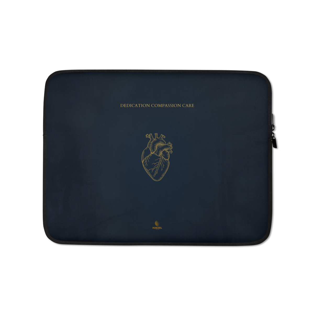 The Nightingale Laptop Sleeve by Haezel Tech, gold anatomical heart on navy. Healer Series