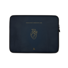 The Nightingale Laptop Sleeve by Haezel Tech, gold anatomical heart on navy. Healer Series