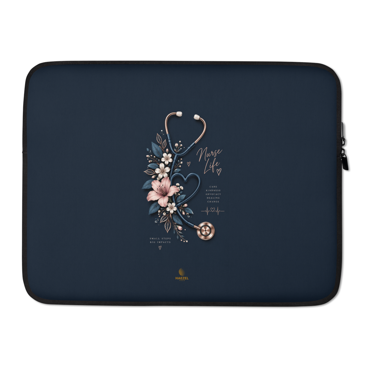 The Pledge Laptop Sleeve by Haezel Tech, rose-gold stethoscope and pink lilies on navy. Healer Series, view 2