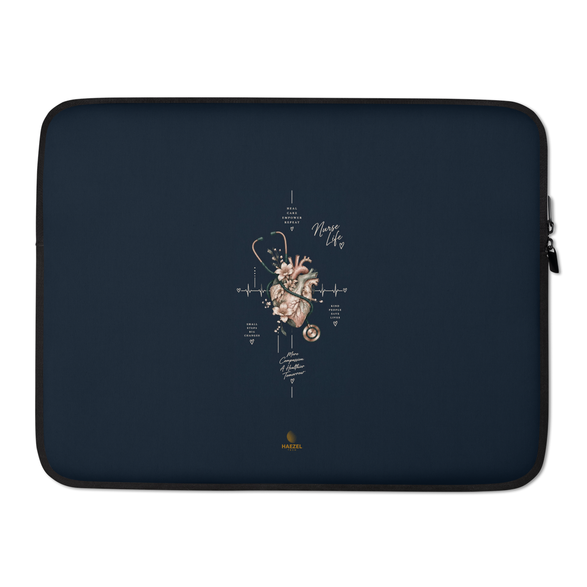 The Pulse Laptop Sleeve by Haezel Tech, floral anatomical heart with ECG line on navy. Healer Series, view 2