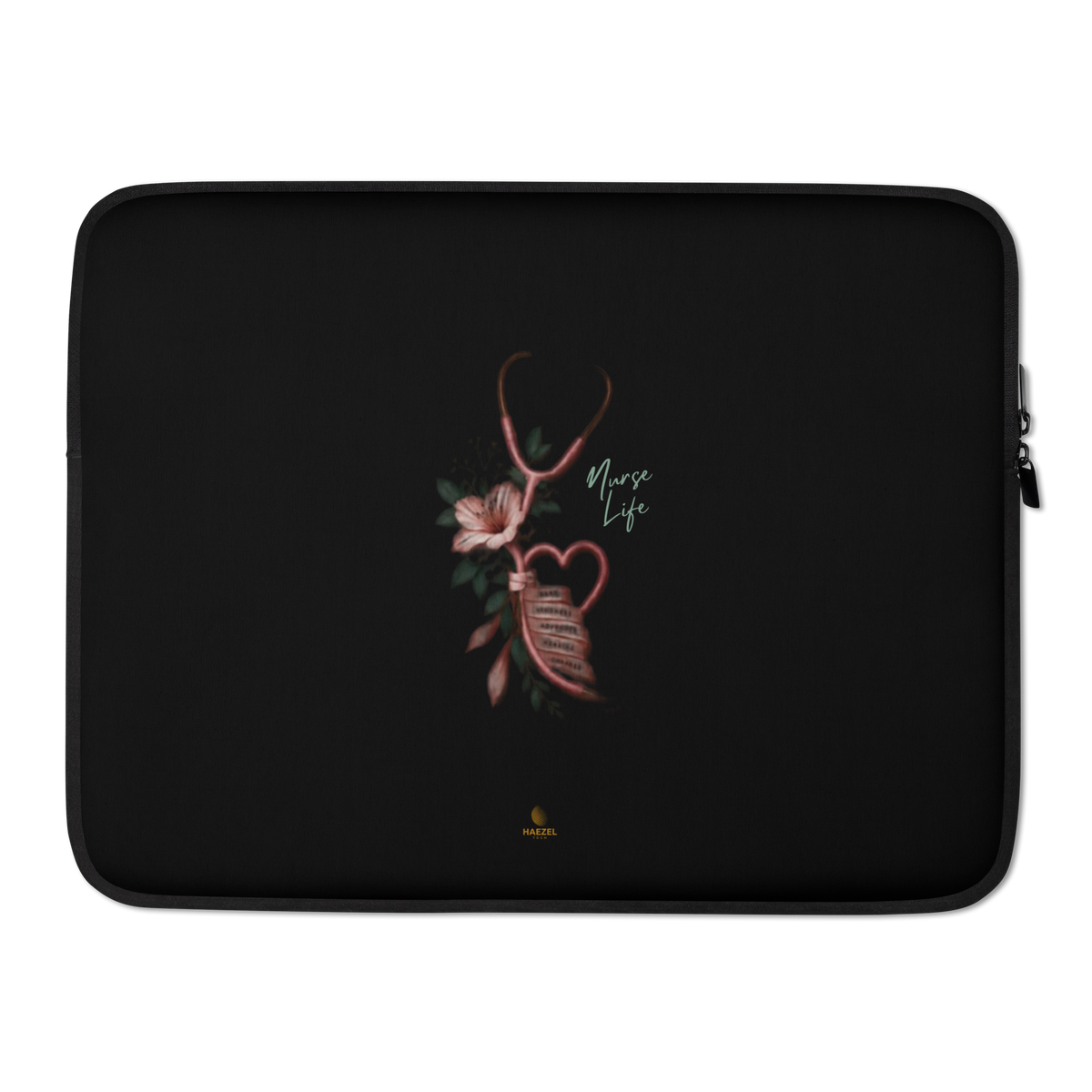The Devotion Onyx Laptop Sleeve by Haezel Tech, rose stethoscope heart on black. Healer Series, view 2
