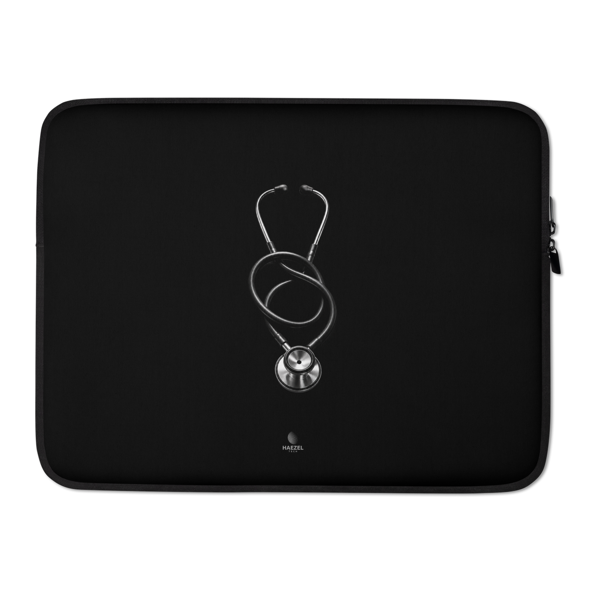 The Oath Laptop Sleeve by Haezel Tech, single silver stethoscope on black. Healer Series, view 2