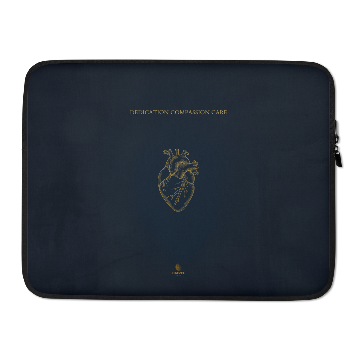The Nightingale Laptop Sleeve by Haezel Tech, gold anatomical heart on navy. Healer Series, view 2