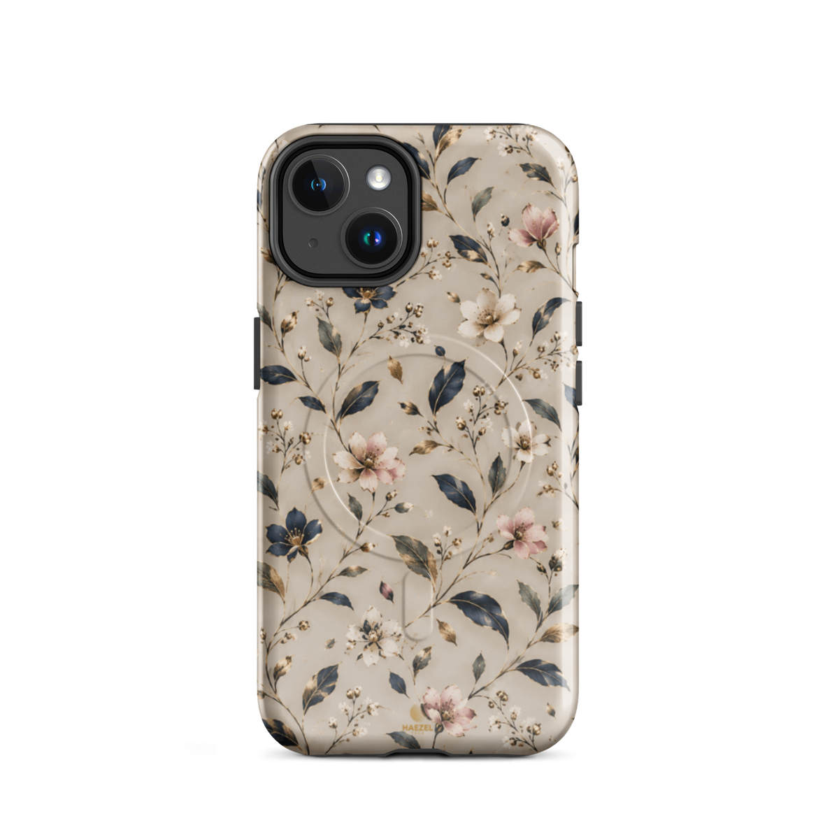 The Blossom iPhone Case by Haezel Tech — delicate pink and white blossom on ivory with navy leaves