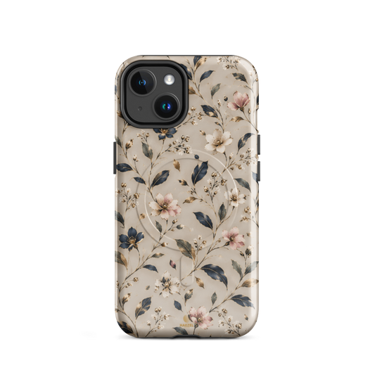The Blossom iPhone Case by Haezel Tech — delicate pink and white blossom on ivory with navy leaves