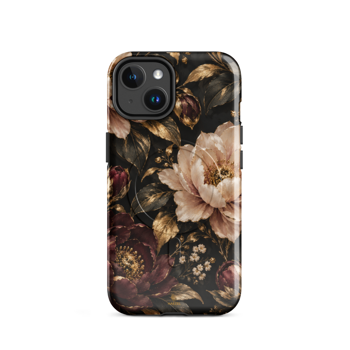 The Peony iPhone Case by Haezel Tech — blush and burgundy peonies with gold foliage on black