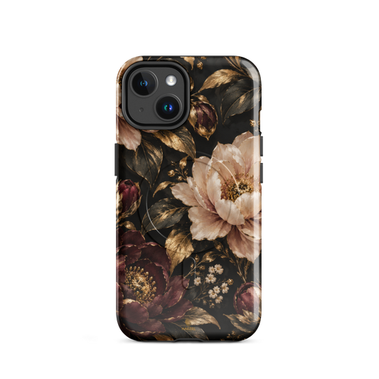 The Peony iPhone Case by Haezel Tech — blush and burgundy peonies with gold foliage on black