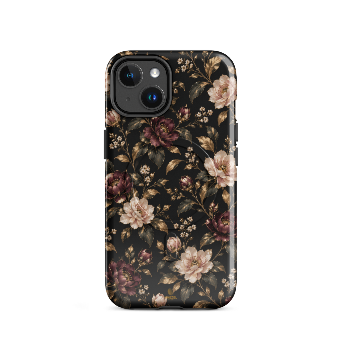 The Rosewood iPhone Case by Haezel Tech — dusky rose and burgundy florals with gold leaves on black