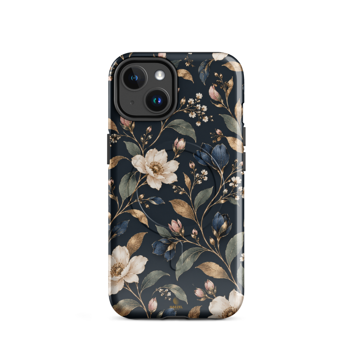 The Camellia iPhone Case by Haezel Tech — ivory camellias and gold leaves on deep navy