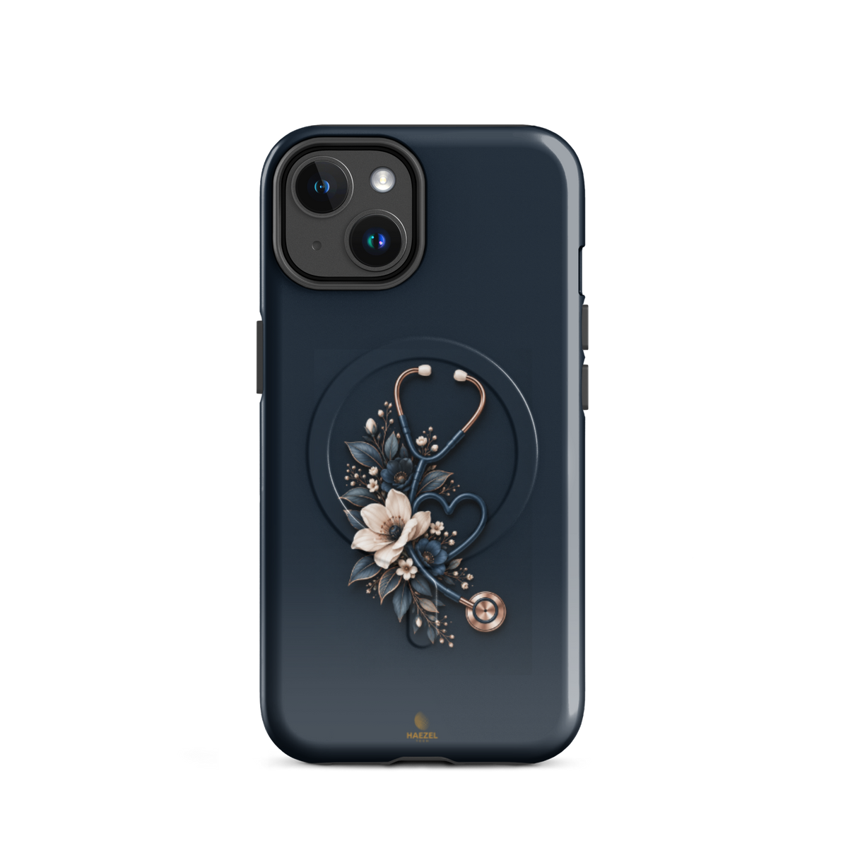 The Grace iPhone case - cream anemones and rose-gold stethoscope on navy. Haezel Tech Healer Series.