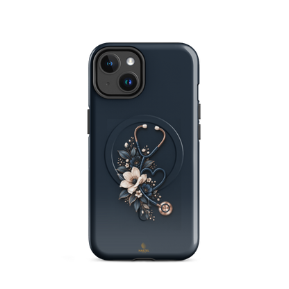 The Grace iPhone Case, anemones and rose-gold stethoscope on navy. Haezel Tech Healer Series, view 2
