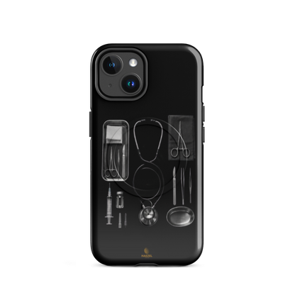 The Theatre iPhone Case, silver surgical instrument tray on black. Haezel Tech Healer Series, view 2