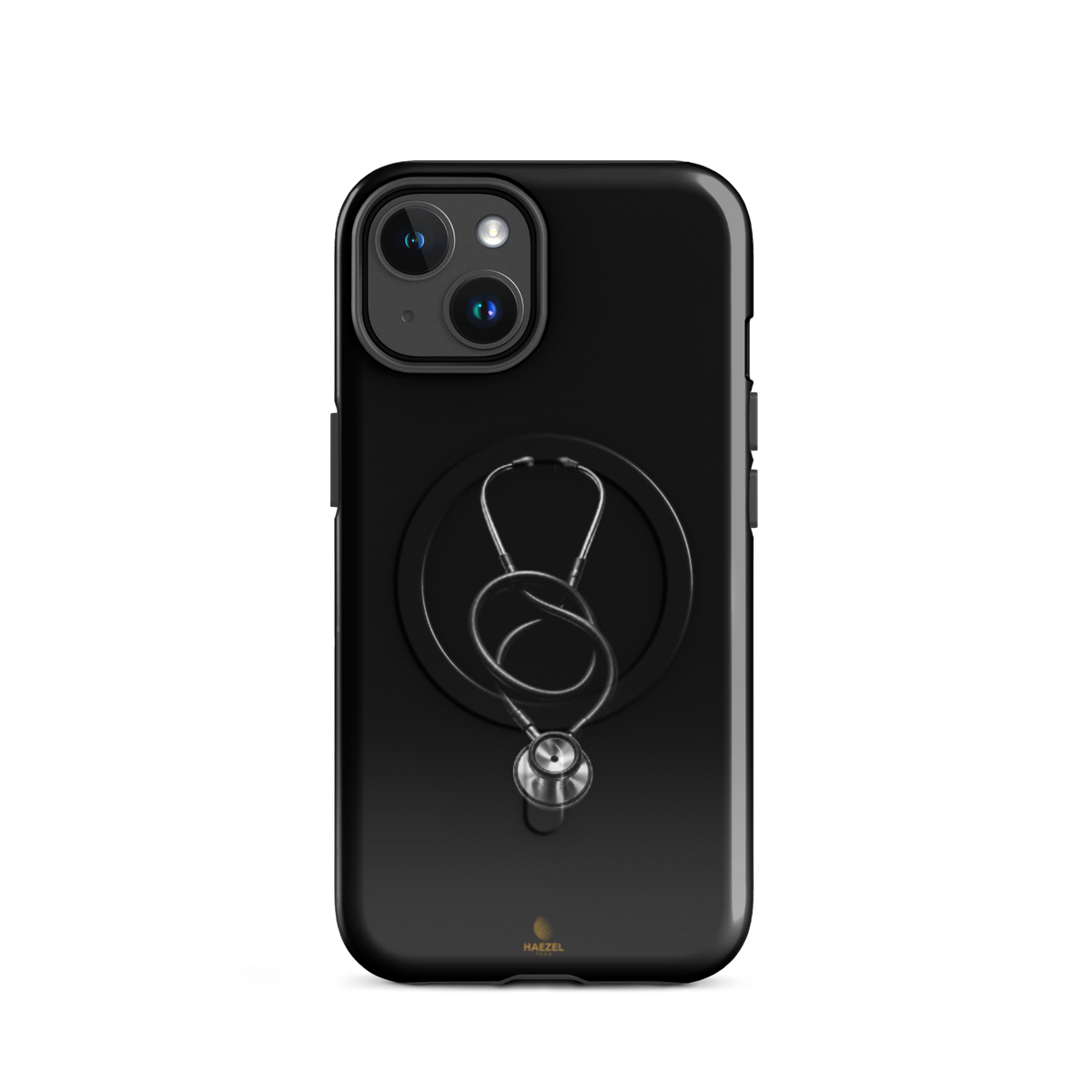 The Oath iPhone case - single silver stethoscope on black. Haezel Tech Healer Series.