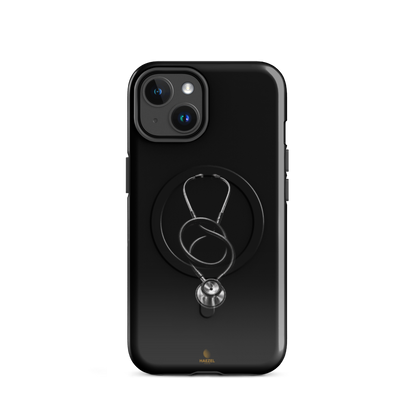 The Oath iPhone Case, single silver stethoscope on black. Haezel Tech Healer Series, view 2
