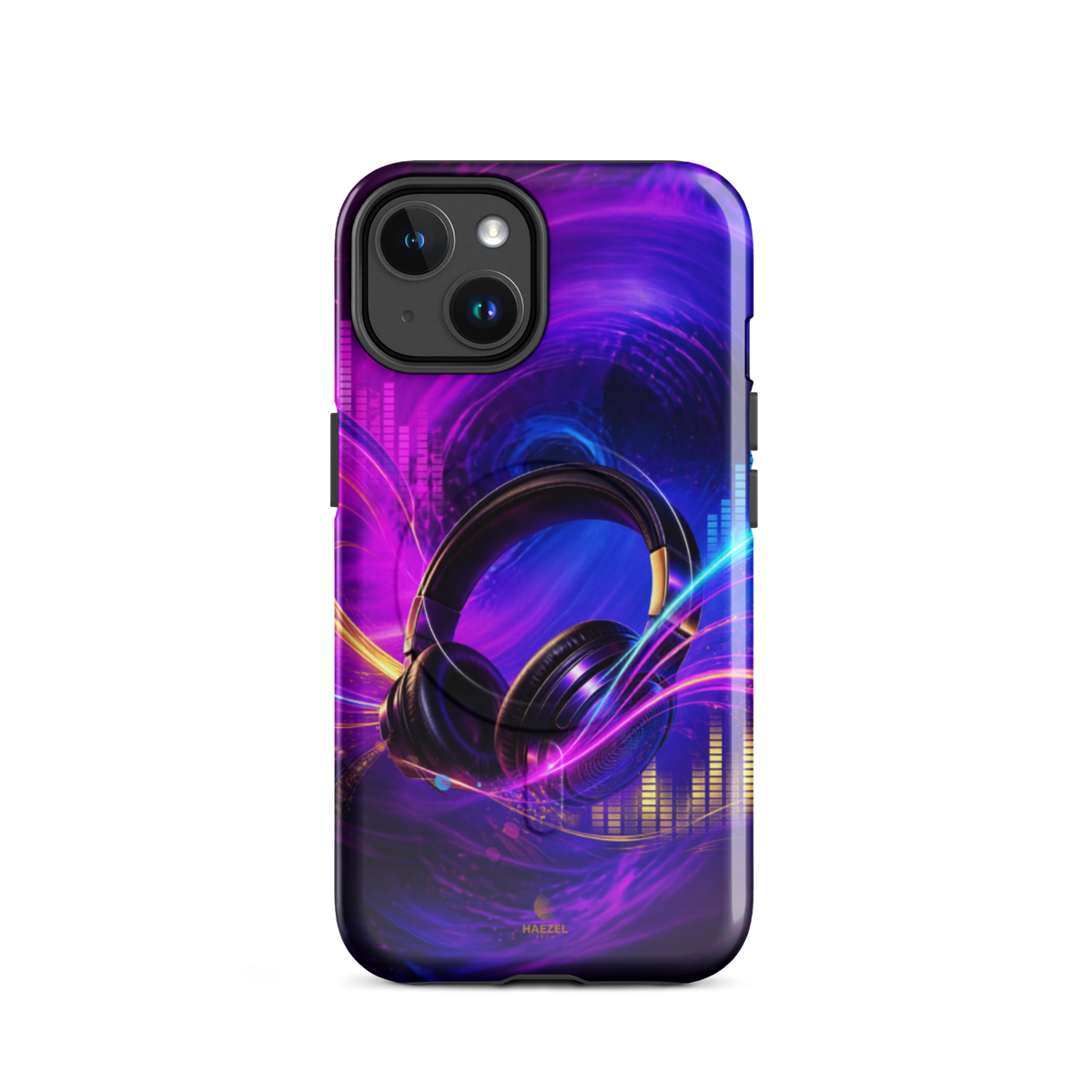 The Frequency iPhone Case, studio headphones on a neon equaliser swirl. Haezel Tech Rhythm Series, view 2
