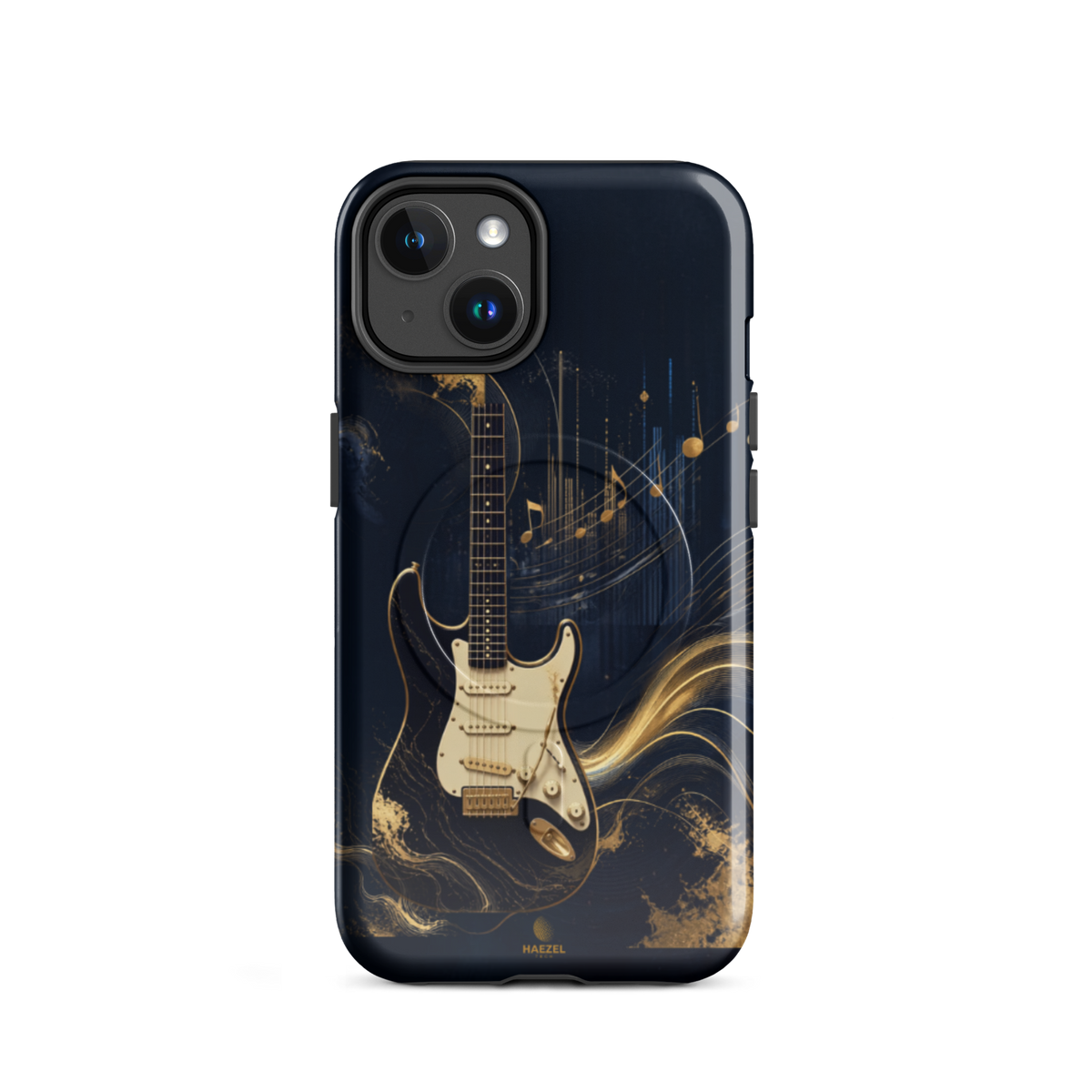 The Headliner iPhone Case, cream and gold electric guitar on navy. Haezel Tech Rhythm Series, view 2