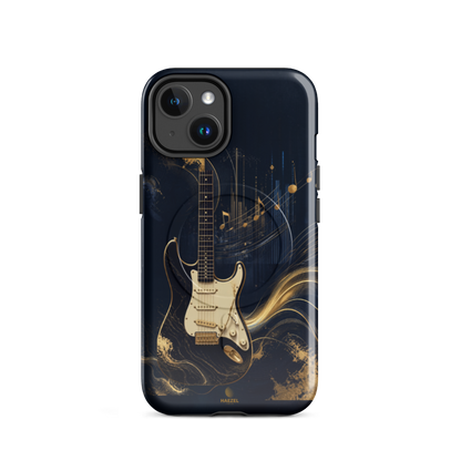The Headliner iPhone Case, cream and gold electric guitar on navy. Haezel Tech Rhythm Series, view 2