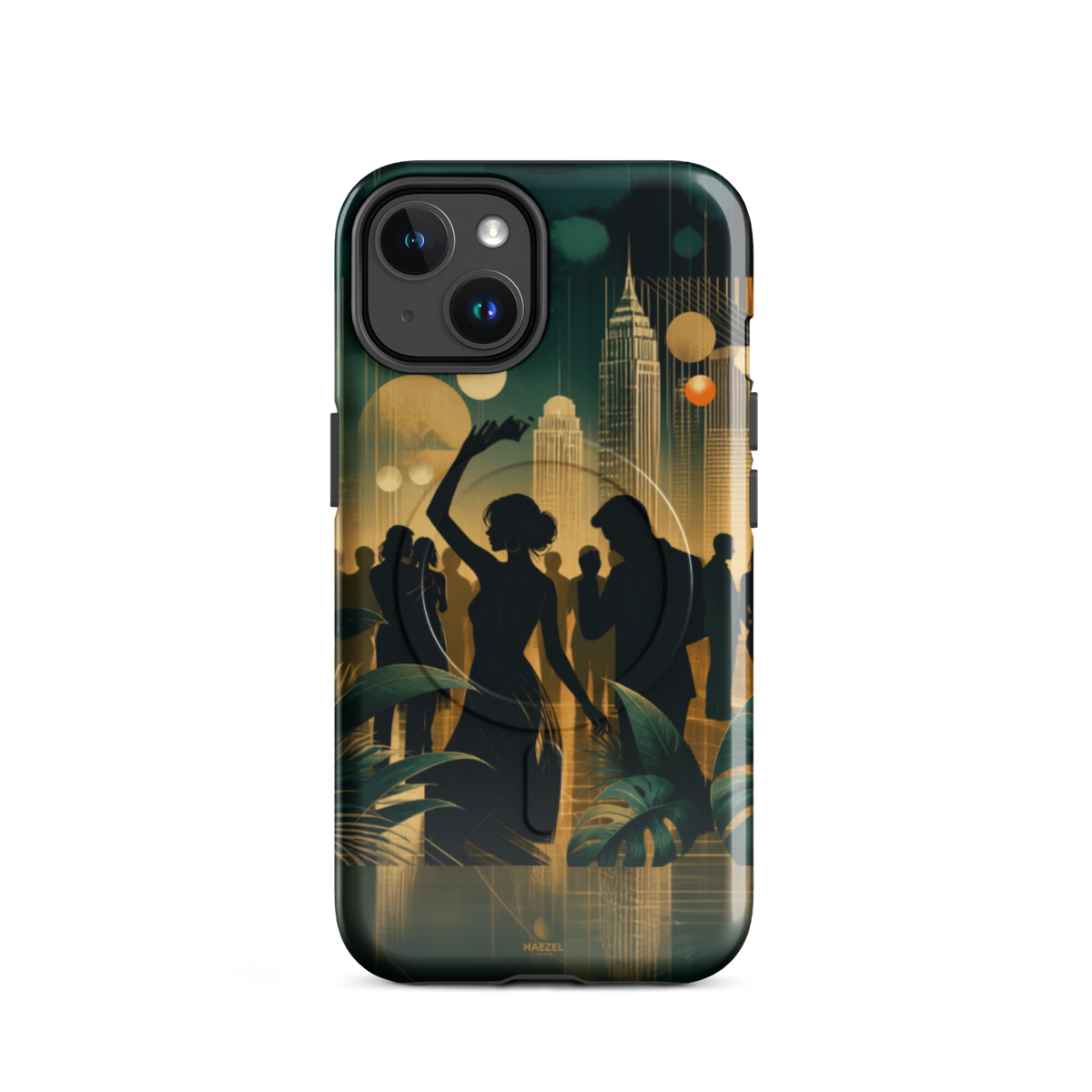 The Speakeasy iPhone Case, gold art deco dancers, city skyline and palm leaves. Haezel Tech Rhythm Series, view 2