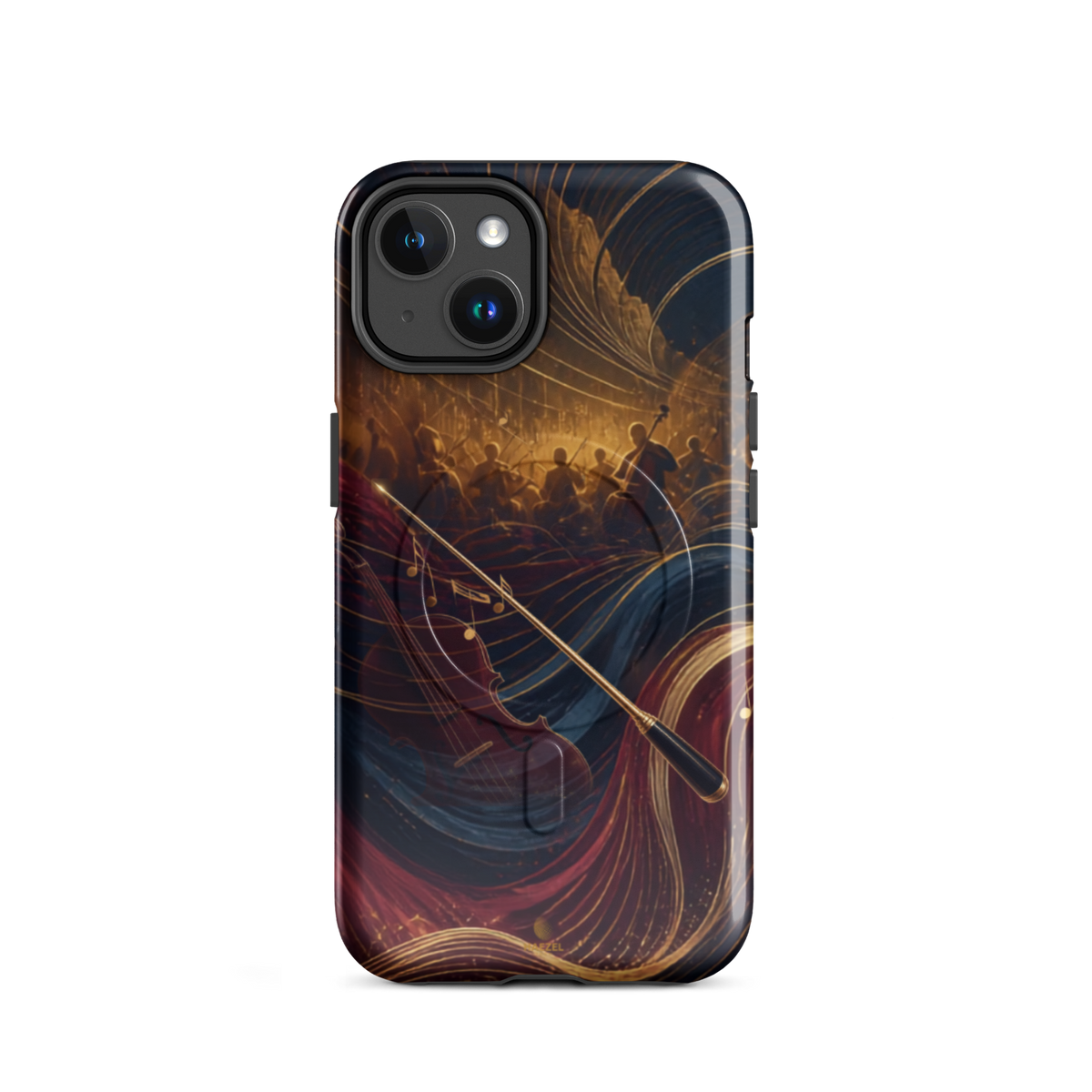 The Virtuoso iPhone Case, gold-line violin and bow over orchestra silhouettes. Haezel Tech Rhythm Series, view 2