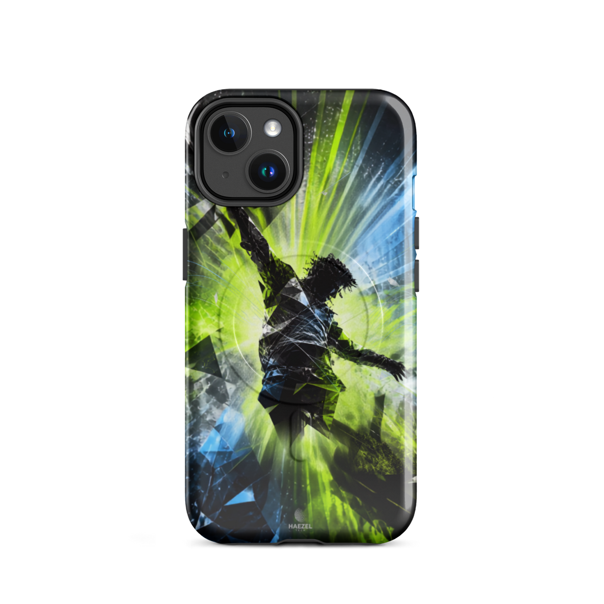 The Kinetic iPhone Case, lime dancer silhouette breaking into geometric shards. Haezel Tech Rhythm Series, view 2