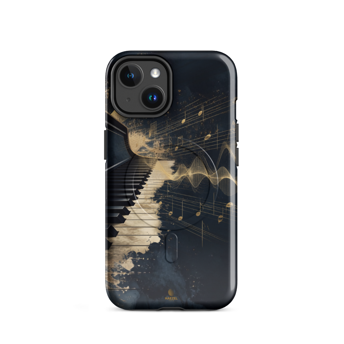 The Nocturne iPhone Case, piano keys and gold music notation on midnight navy. Haezel Tech Rhythm Series, view 2