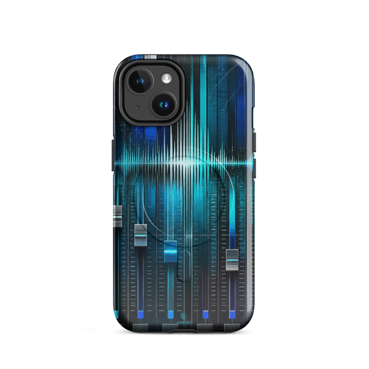 The Mixdown iPhone Case, cyan mixing desk faders and waveform peaks. Haezel Tech Rhythm Series, view 2