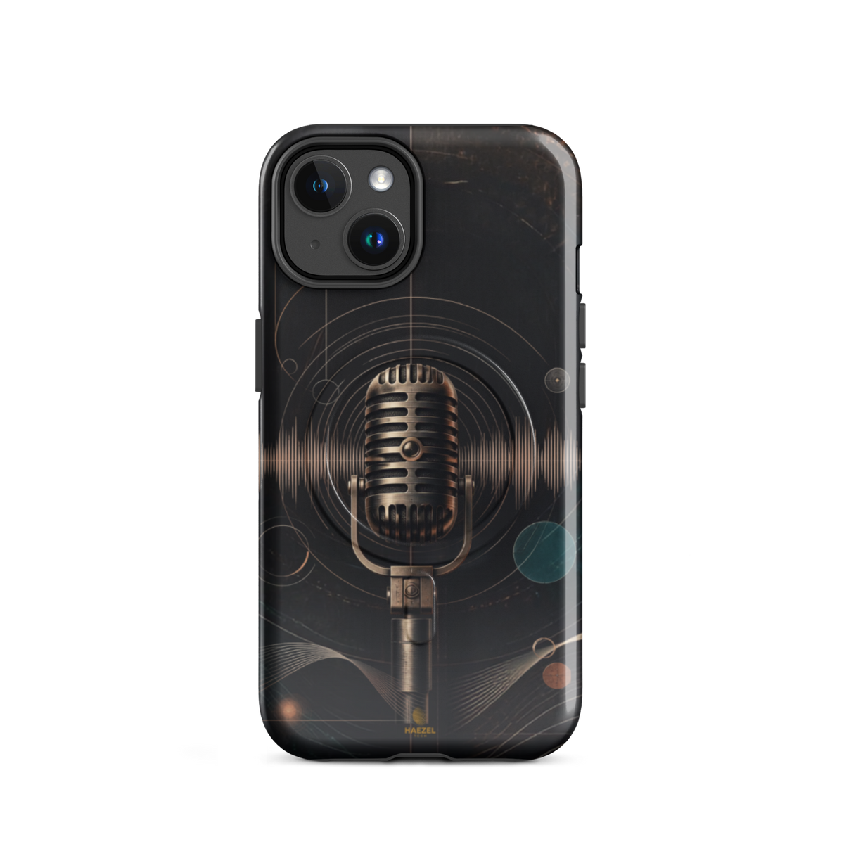 The Broadcast iPhone Case, bronze vintage microphone ringed by soundwaves. Haezel Tech Rhythm Series, view 2